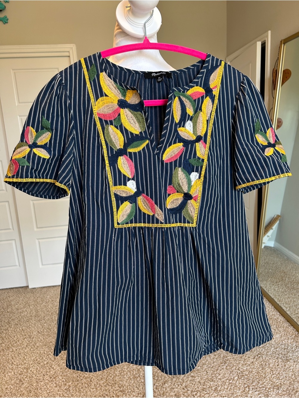 Madewell Embroidered Fable Top Babydoll Navy Stripes Floral 100% cotton Size XS